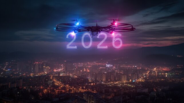 Futuristic drones creating glowing 2026 numbers over illuminated city skyline at night - Powered by Adobe