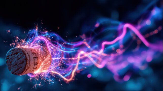 Glowing neon champagne cork popping with sparkling light trails