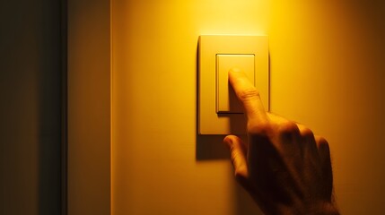 Human finger presses a wall mounted light switch bathed in warm illumination
