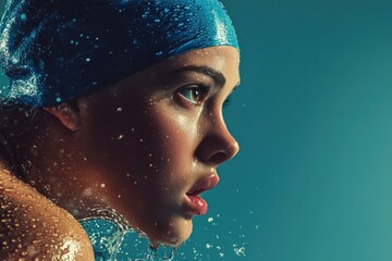 Focused Young Female Swimmer on Starting Block with Water Droplets in Air