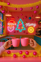 Hands holding pink cups in colorful Christmas caf&eacute; with neon lights