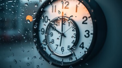 Fototapeta premium Clock reflected in raindrop on window time passing slowly