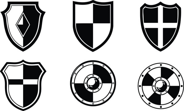 Medieval shields and round shields vector set with black and white design elements for historical and fantasy concepts 