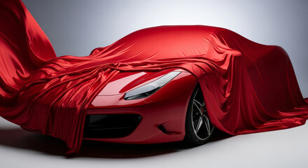 A red sports car partially covered with a draped red fabric against a light gray studio backdrop