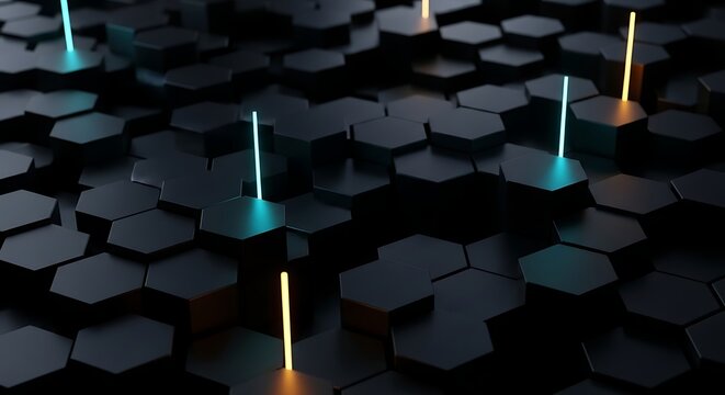 Dark Hexagonal Grid with Neon Light Beams pattern texture