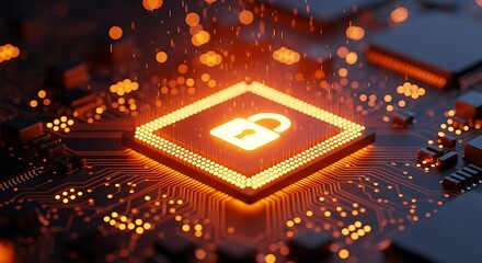 Glowing Padlock Symbol on Central Processing Unit Circuit Board technology computer