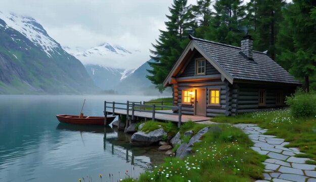 An illustrated house nestled by a serene Norwegian fjord, featuring a traditional wooden cabin with a steeply pitched roof, weathered gray planks, and a warm glowing window. The house is surrounded 