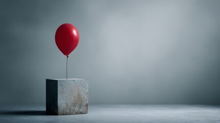 Single bright red inflatable object tethered to a rough gray concrete block in a muted room