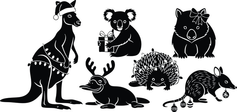 Christmas animals including kangaroo koala bear wombat echidna and anteater in festive holiday design vector illustration 