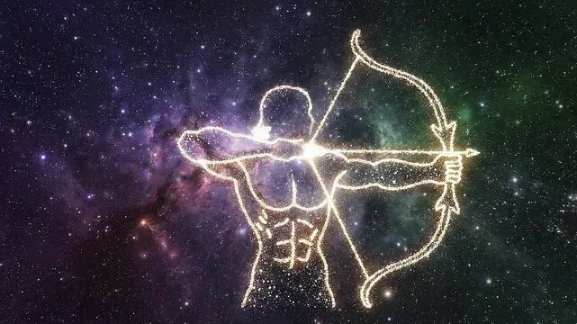 Golden Particles Forming Sagittarius Zodiac Sign Constellation on Cosmic Nebula Background.