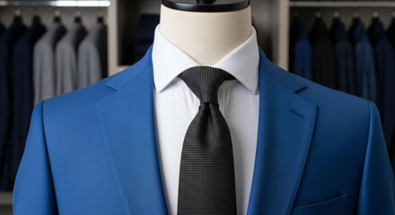 Blue suit jacket with white shirt and black tie on a mannequin in front of a suit rack display