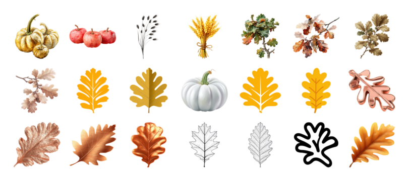 Assorted autumn elements featuring pumpkins, leaves, apples, and wheat for harvest design on transparent background - Powered by Adobe