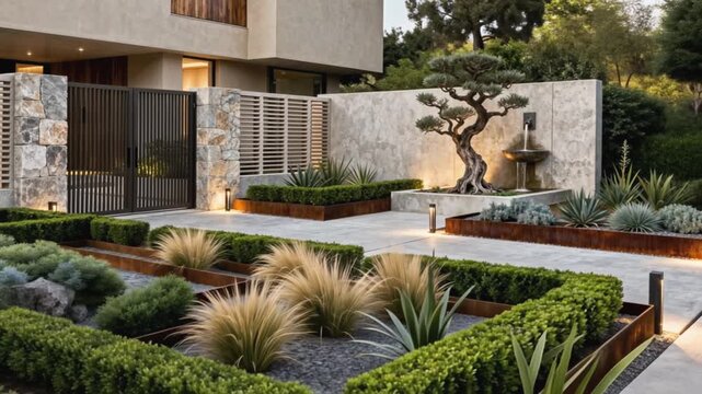Am&eacute;nagement ext&eacute;rieur design devant la maison avec all&eacute;e, bordures, mat&eacute;riaux bruts tels que le bois vieilli, la pierre et l'acier corten, cl&ocirc;ture moderne en lames horizontales ajour&eacute;s