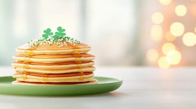 Stack of Pancakes Topped with Green Decorations and Syrup Perfect for Celebrating on St. Patrick's Day