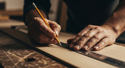 Carpenter marking wood with pencil and ruler in workshop for woodworking project preparation process