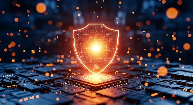 Digital shield icon with glowing orange light on a circuit board with bokeh effect