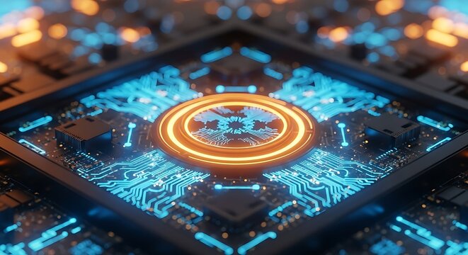 Symmetrical Circuit Board with Glowing Blue and Orange Lights technology futuristic - Powered by Adobe