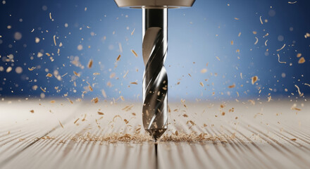 Close up of a drill bit drilling into wood with wood shavings flying in the air on a blue background