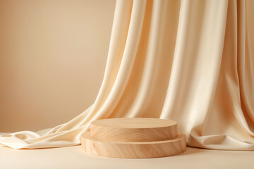 Soft fabric drapes gracefully behind a wooden display stand in a neutral-toned setting perfect for product presentation