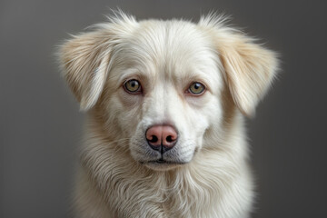 White fluffy dog with expressive eyes poses against a neutral background