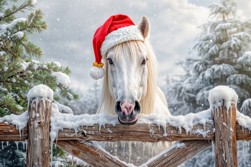 White horse wearing a red Christmas hat stands by a snowy wooden fence in a winter landscape
