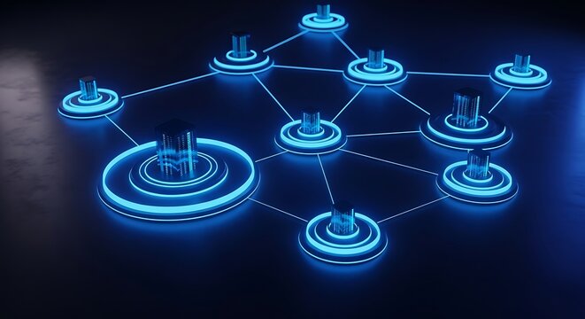 Connected Network of Blue Glowing Nodes and Servers connection digital