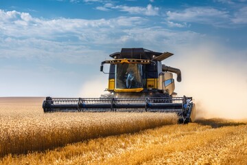 Obraz premium Modern Combine Harvester in Action in Golden Wheat Field
