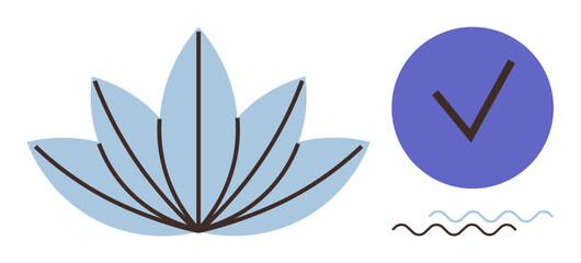 Blue lotus flower with symmetrical petals next to a purple circle with a checkmark and wavy lines. Ideal for wellness, mindfulness, acceptance, success, spirituality, balance, and growth themes. A