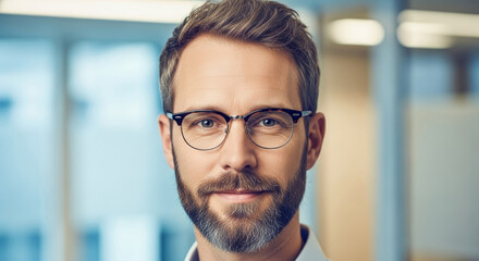 Close up portrait of a man with glasses and a beard in front of a blurred office background