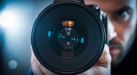 Close up view of a photographer holding a camera with a large lens in a dimly lit environment