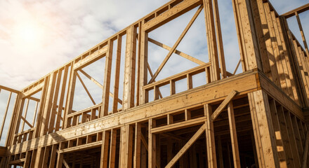 Close up view of a wooden frame structure of a building under construction on a sunny day outside