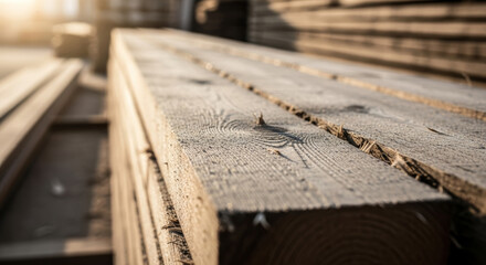 Close up view of stacked wooden planks showing wood grain and texture in a lumber yard setting