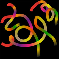 Abstract swirling ribbons with vibrant gradient colors on a black background, fluid motion and organic shapes, contemporary art