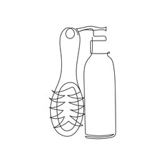 Hairbrush and shampoo pump bottle. Minimalist one line vector illustration for beauty, hair care, salon, fashion design projects.