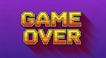 Game over text in pixel art style with yellow and orange color scheme on a gradient purple background