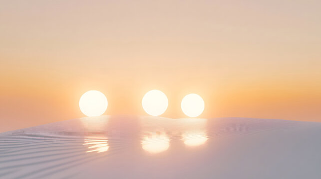 Three bright suns emit light over a smooth surface, creating a serene and visually appealing scene.