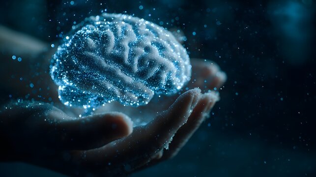 Illuminated structure representing thought processes resting gently within cupped human hands