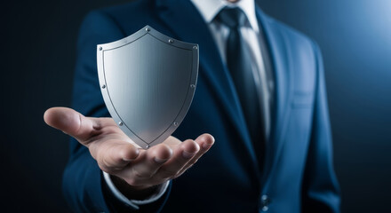 Man in suit holding a silver shield in his hand against a dark background with soft lighting