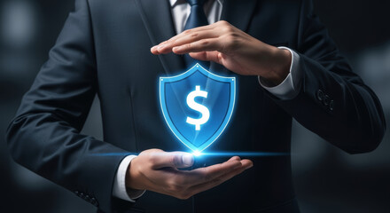 Man in suit protecting dollar sign shield with hands symbolizing financial security and investment