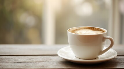 Fototapeta premium White ceramic cup filled with coffee exhibiting detailed latte art sits upon a rustic wooden surface near a bright window