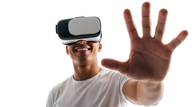 Man smiling and wearing vr headset with hand outstretched against a bright white background studio shot
