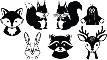 Obraz premium Woodland Animal Faces Vector Illustration Including Fox Squirrel Rabbit Raccoon Deer and Mole 
