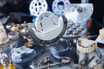 Exhibition examples of dental prostheses, titanium crowns and platforms for pins made on mini CNC...