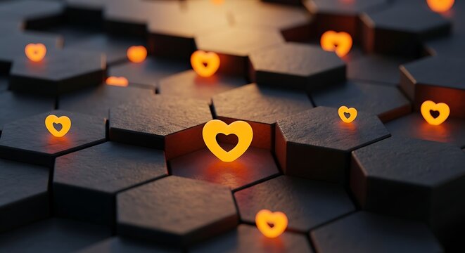 Glowing Orange Hearts on Dark Hexagonal Surface abstract love