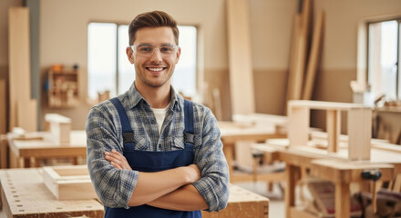 Smiling carpenter in workshop with safety glasses and arms crossed in a woodworking environment