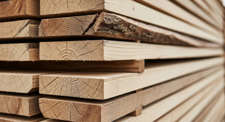 Stack of lumber showing wood grain and bark edges in a close up perspective shot of the material