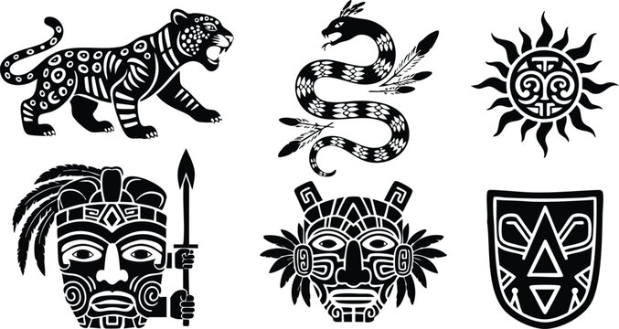 Aztec tribal symbols vector set featuring jaguar snake sun and warrior mask elements in black and white style 