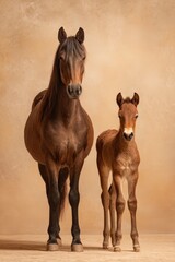 Obraz premium Young Foal and Mother Horse Against Warm Beige Background