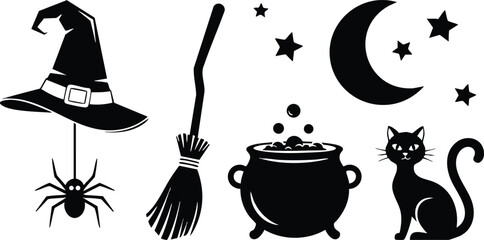 Naklejka premium Witch Hat Spider Broom Cauldron Crescent Moon Cat Halloween Vector Illustration Black Silhouette 