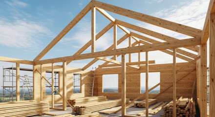 Wooden frame of a house under construction against a blue sky with scattered clouds on a sunny day